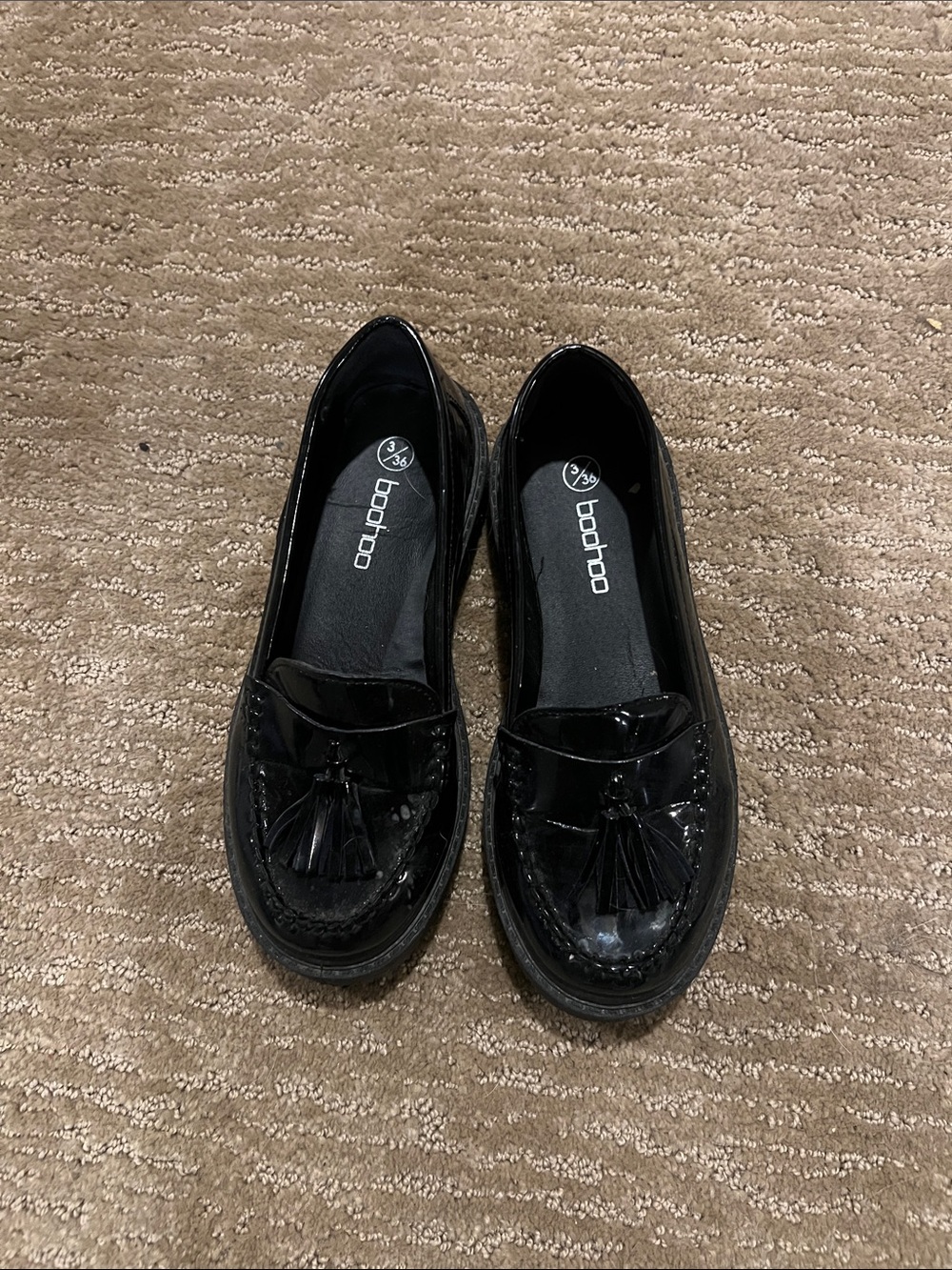 Boohoo Black Patent Tassel Penny Loafers